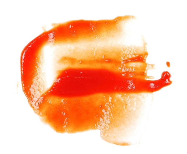 Ketchup vermelho espirra isolado no fundo branco, textura de purê de tomate — Fotografia de Stock