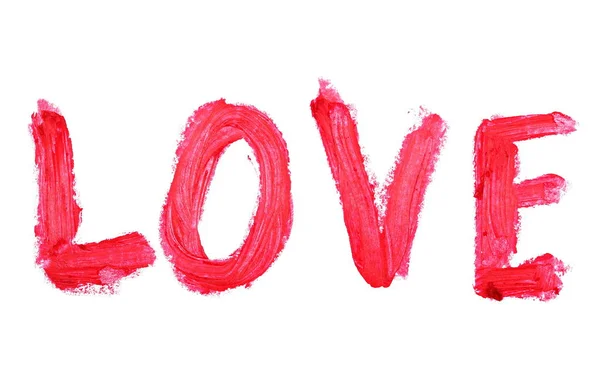 Liebe rote Farbe Lippenstift Strich auf weißem Hintergrund — Stockfoto