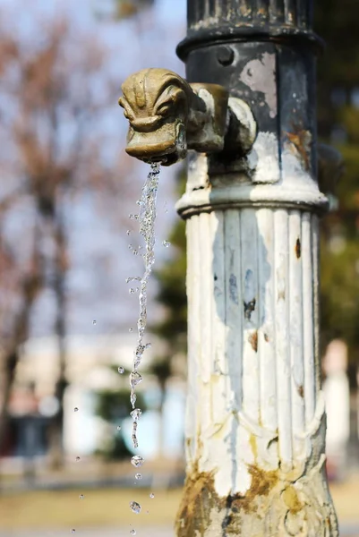 Close up water flowing from bronze tap, old fountain — Stock Photo, Image