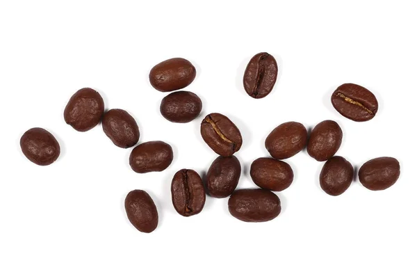 Pelo chicchi di caffè isolati su sfondo bianco e texture, vista dall'alto — Foto Stock