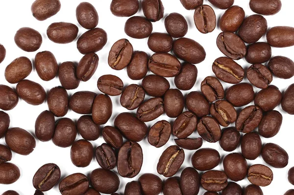 Pila de granos de café aislados sobre fondo blanco y textura, vista superior — Foto de Stock