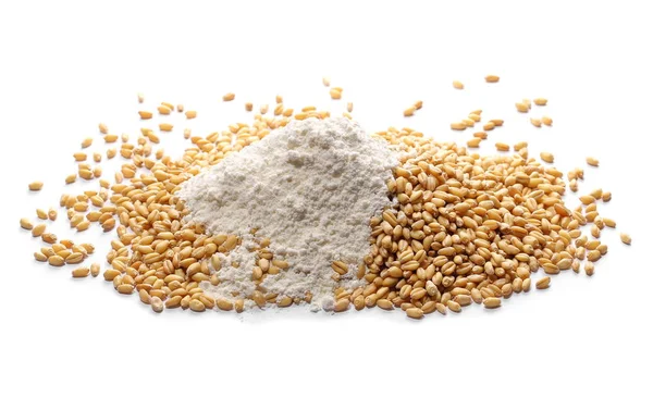 Farinha e grão de trigo isolado sobre fundo branco — Fotografia de Stock