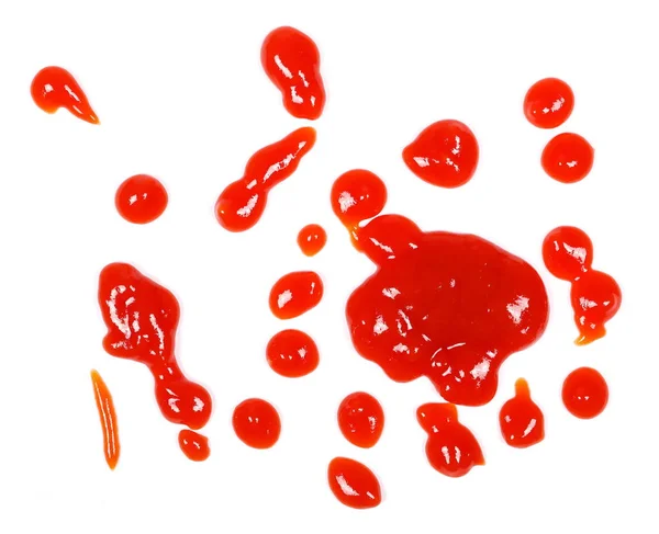 Roter Ketchup spritzt isoliert auf weißem Hintergrund, Tomaten reine Textur, Draufsicht — Stockfoto