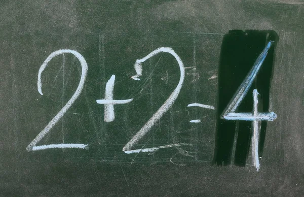 Two plus two equals four on chalkboard, blackboard texture — Stock Photo, Image