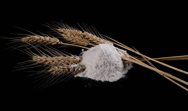 Mouky a pšenice uši, zrna izolované na černém pozadí — Stock fotografie