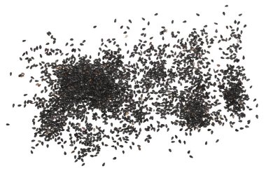 Siyah organik susam tohumları beyaz arkaplanda izole edilmiş, üst görünüm