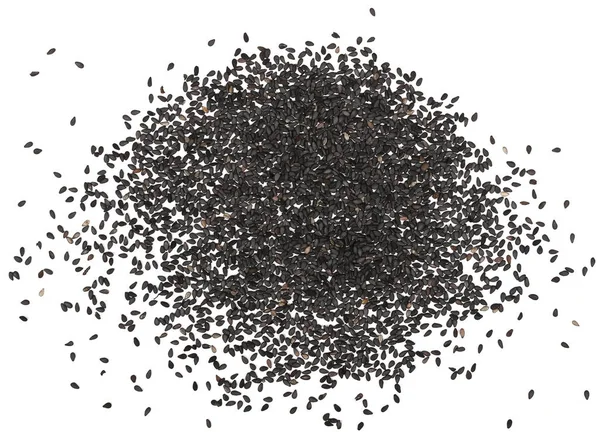 Σπόροι μαύρου βιολογικού σησαμιού απομονωμένοι σε λευκό φόντο, κορυφαία προβολή — Φωτογραφία Αρχείου
