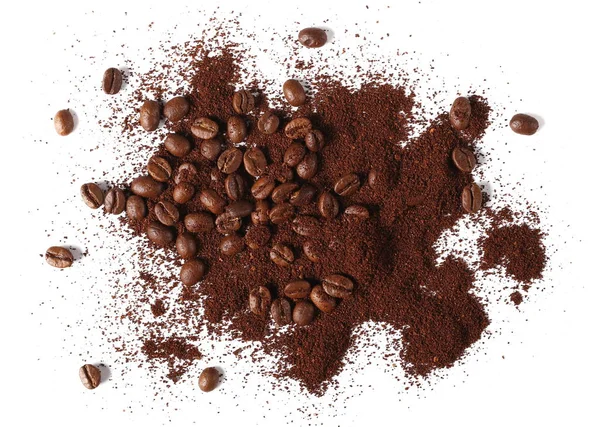 Pile de poudre, café instantané et grains isolés sur fond blanc, vue de dessus — Photo