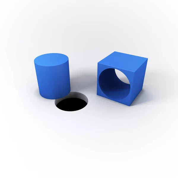 3d illustrierter blauer quadratischer Wirbelzylinder und ein rundes Loch auf hellweißem Hintergrund. eine einzigartige Lösung, indem man über den Tellerrand hinausdenkt. — Stockfoto