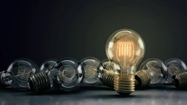 Múltiples bombillas incandescentes ilustradas en 3D en una superficie reflectante — Foto de Stock