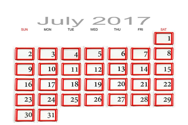 Calendario de julio de 2017 — Foto de Stock