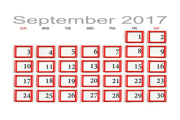 Calendario de septiembre de 2017 — Foto de Stock