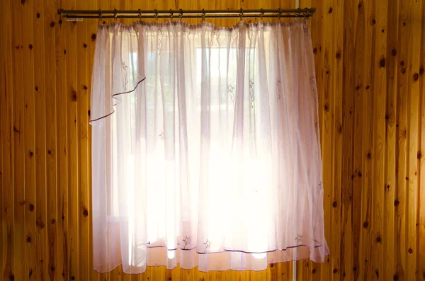 Rideau Fenêtre Dans Mur Bois — Photo