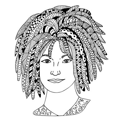 Kız yüz el taslağı vektör çizim çizilmiş. Kadın yüz grafik ile süslü tasarlamak doodle.
