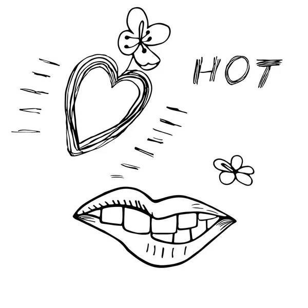 Corazón y labios Ilustración vectorial dibujada a mano. Gráfico de Doodle — Vector de stock