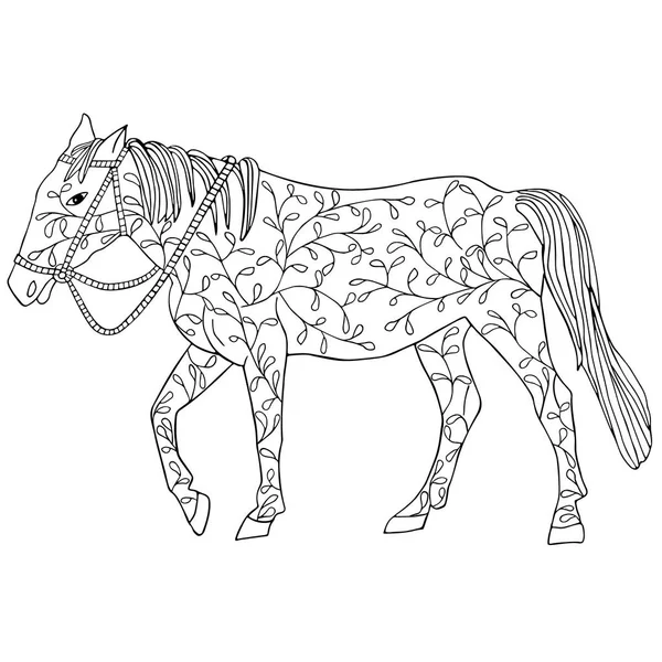 Häst i doodle svart blommönster isolerad på vit bakgrund. — Stock vektor