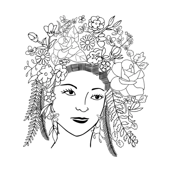 Fille visage en aumônier de fleurs et de feuilles dessinées à la main — Image vectorielle