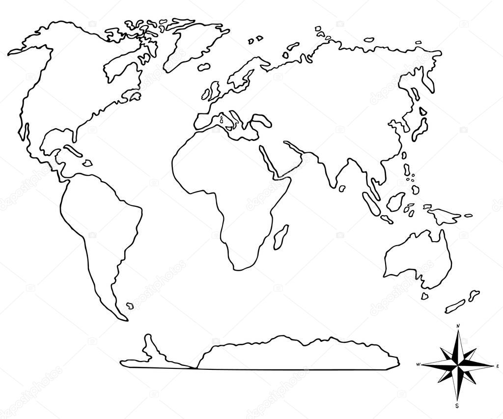 World map and compass hand drawn