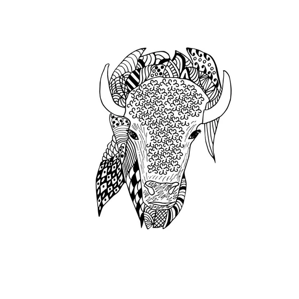 Tête de bison dessinée à la main. Doodle. Objet isolé sur blanc . — Image vectorielle