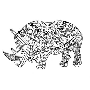 Stilize, gergedan zentangle el çekilmiş, beyaz üzerine siyah