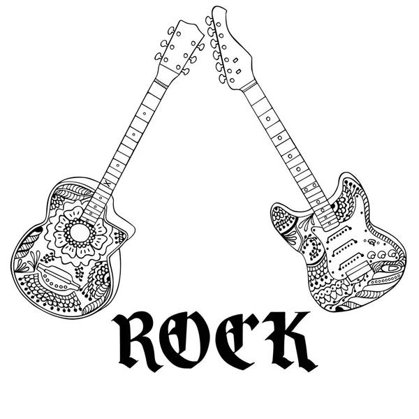Akustiska och elektriska gitarrer med rock bokstäver hand dras — Stock vektor