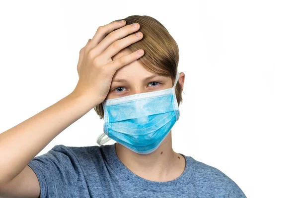 Young Teenage Boy Headache Wearing Protective Mask Isolated White — Stock Photo, Image