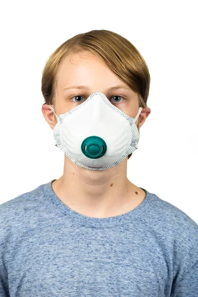 Young Teenage Boy Wearing Protective Mask Protect Virus Infection Isolated — Stock Photo, Image
