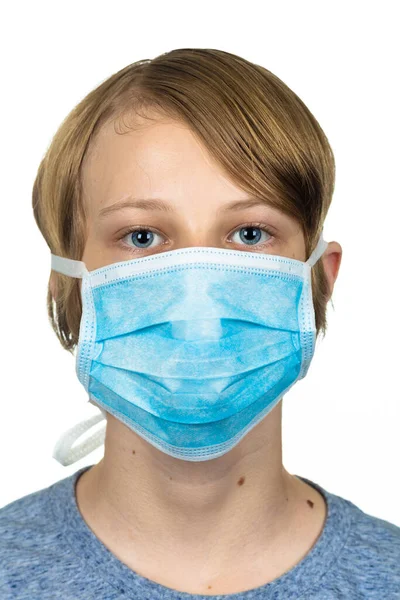 Young Teenage Boy Wearing Protective Mask Protect Virus Infection Isolated — Stock Photo, Image