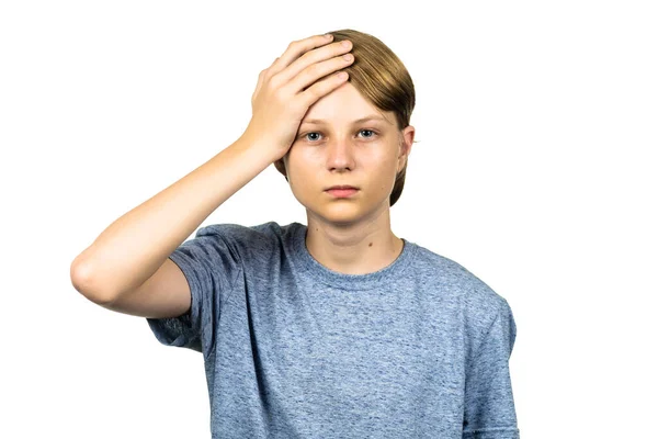 Νεαρός Έφηβος Πονοκέφαλο Που Κρατάει Κεφάλι Του Απομονωμένα Λευκό — Φωτογραφία Αρχείου