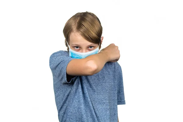 Young Teenage Boy Wearing Protective Mask Coughing His Elbow Looking Royalty Free Stock Photos