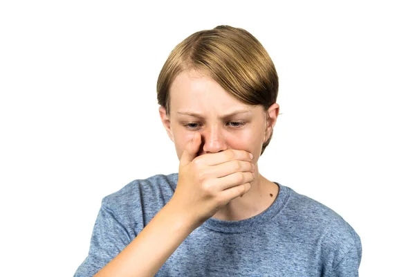 Young Teenage Boy Coughing His Hand Isolated White Royalty Free Stock Photos