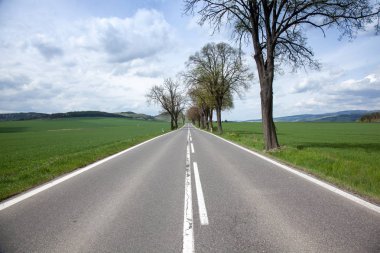 asfalt yol yeşil alan ve bulutların üstünde mavi gökyüzü ile