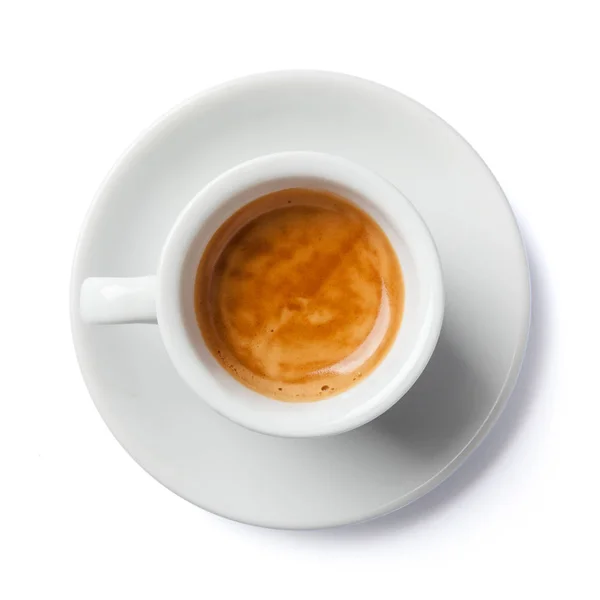 Kahve fincanı ve çay tabağını kapat. Üst görünüm, beyazda izole.