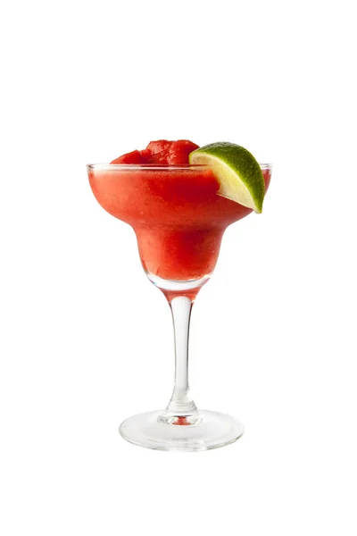 Strawberry margarita isolated on a white background garnish with salt and a lobule green lime with clipping path — Stock Photo, Image