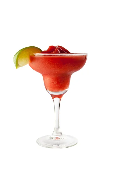 Strawberry margarita isolated on a white background garnish with salt and a lobule green lime with clipping path — Stock Photo, Image