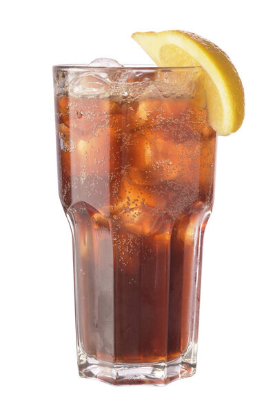 Cola in glass with ice cubes and slice of lemon. Isolated on white background including clipping path