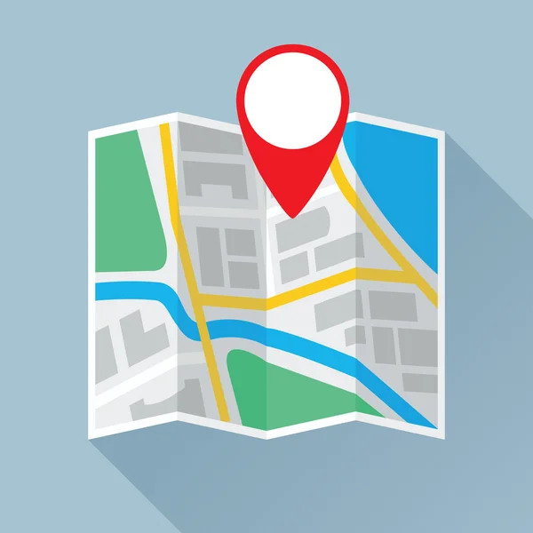 Αναδίπλωσης χαρτιού χάρτη με το εικονίδιο σήμα επίπεδη τοποθεσία — Διανυσματικό Αρχείο