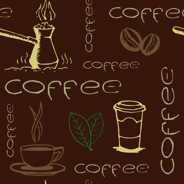 Café dessiné à la main motif sans couture — Image vectorielle