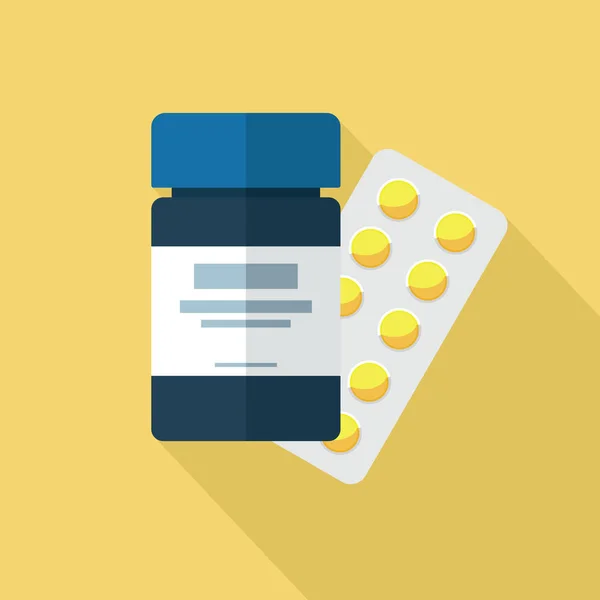 Medizinische Verpackung Behälter und Pillen in Blister flach Symbol — Stockvektor