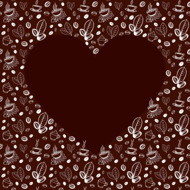 Kahve arka planda, içi boş kalp şeklinde karalanıyor. Elle çizilmiş yarım yamalak semboller. Vektör eps8 illüstrasyonu.