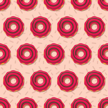 Donut kusursuz desen. Pembe kremalı arka planda kırmızı jöleli tatlı şekerli donutlar. Yemek fırını dekorasyonu. Vektör eps8 illüstrasyonu.