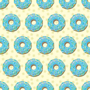 Donut kusursuz desen. Açık kremalı arka planda mavi jöleli tatlı şekerli donutlar. Yemek fırını dekorasyonu. Vektör eps8 illüstrasyonu.