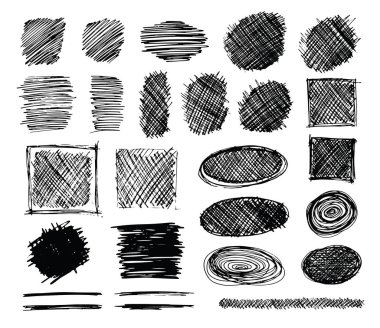 Elle çizilmiş karalama semboller üzerinde beyaz izole kümesi. Doodle stil skeçler. Gölgeli ve taranmış rozetleri ve kabarcık şekiller. Tek renkli vektör eps8 tasarım öğeleri.