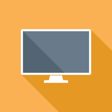 Boş ekran ile masaüstü bilgisayar monitörü düz simgesi. Bir bilgisayar monitörü ile boş perde ve uzun gölge düz stilde vektör simgesi. Eps8 temiz vektör çizim.