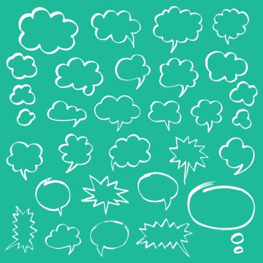 Konuşma baloncukları ve düşünce bulutları. Eps8 'de keçeli kalem vektör sembolleri tarafından çizilen el.