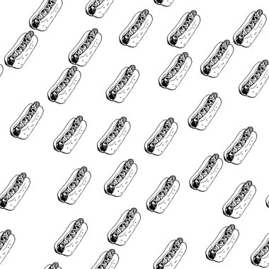 Hotdog kusursuz arka plan çizimi. Fast food kesintisiz olarak beyazın üzerine yerleştirilmiş sosisli sandviç kalıpları. Kolay düzenlenebilir eps8 vektör illüstrasyonu.