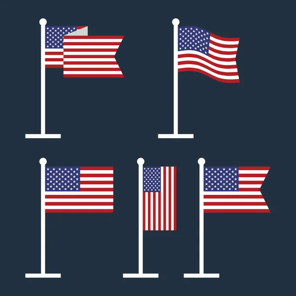 Usa Vlaggen Vlaggenstokken Vector Platte Pictogrammen Set Van Amerikaanse Vlaggen — Stockvector