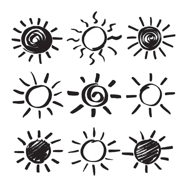 Nyári Napvektor Tervezési Elemek Szett Napfény Szimbólumok Kézzel Rajzolt Fekete — Stock Vector
