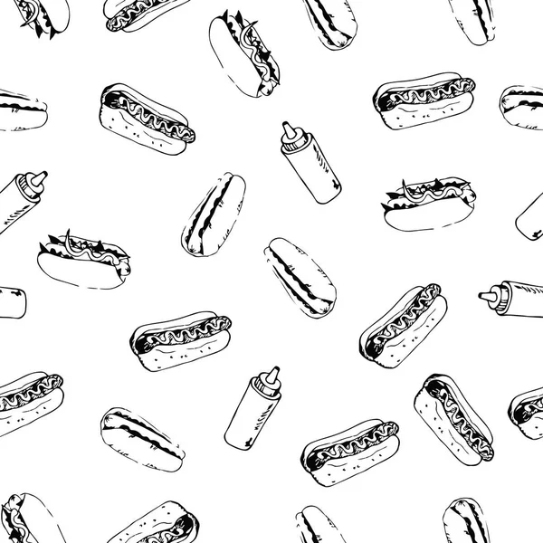 Hotdog Fondo Sin Costuras Arte Dibujado Mano Patrón Continuo Comida — Archivo Imágenes Vectoriales