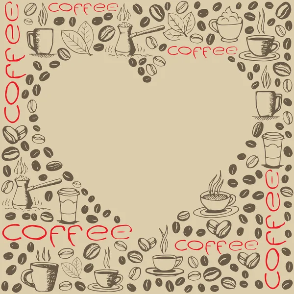 Kávové Ikony Pozadí Prázdným Tvaru Srdce Uvnitř Ručně Kreslené Náčrtky — Stockový vektor
